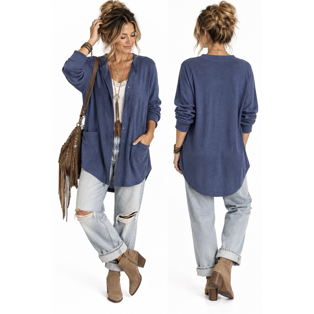 J Jill Longline Duster Cardigan Sweater Women L Blue Wool Blend Boho Office